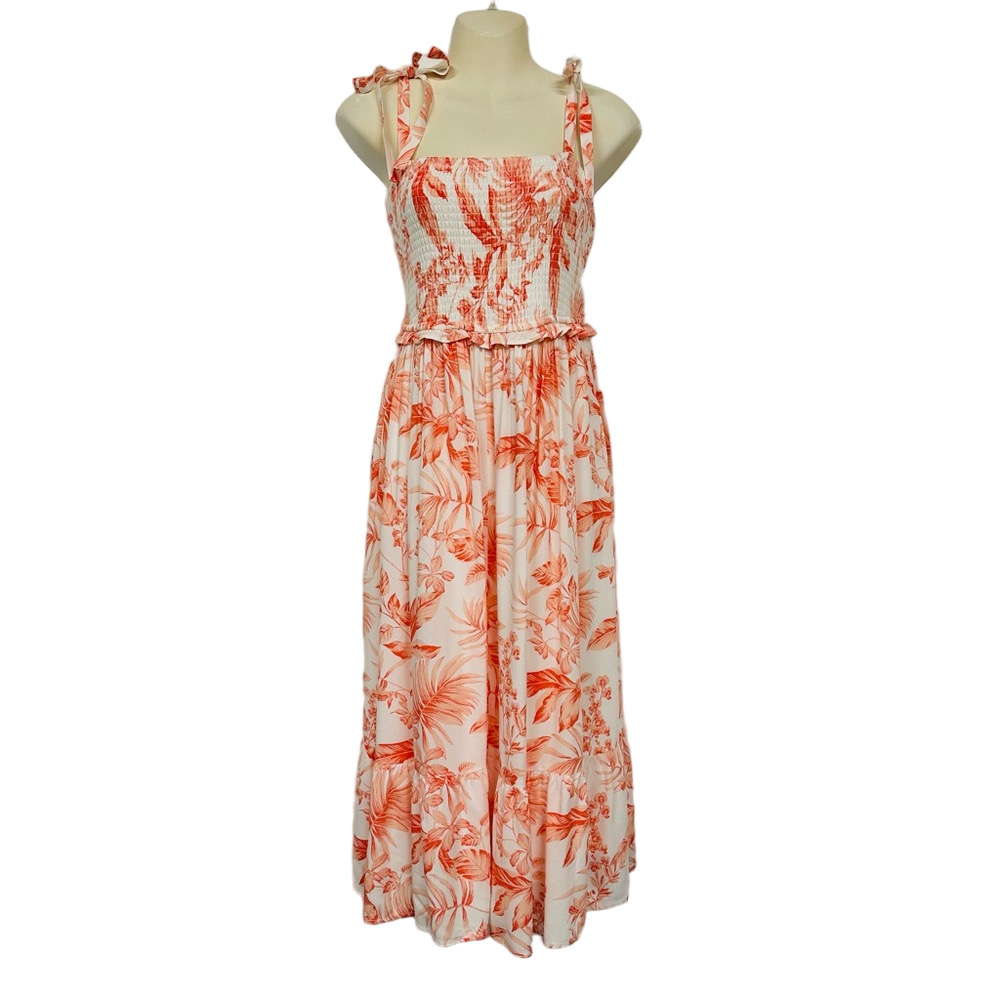Torrid 0 Floral Challis Tie Strap Smocked Midi Dress Womens Size 12 Coral White